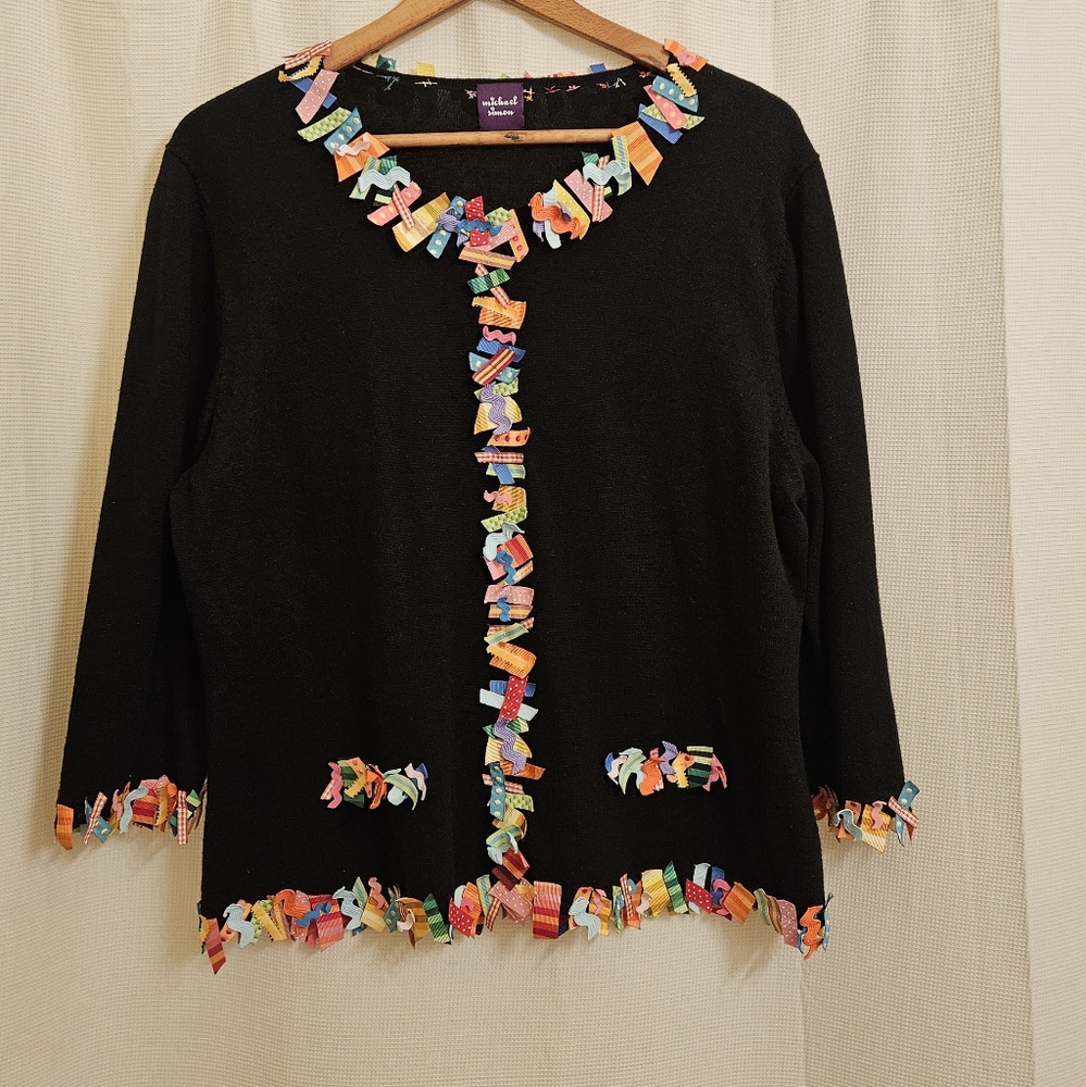 VTG Michael Simon Knit Top Size XL Black Multicolored Ribbon Art Deco Boho FF8